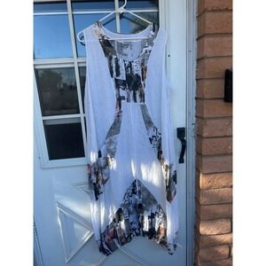 Bohabille Paris Linen Cityscape Print Bubble Hem Midi Dress White XL Lagenlook